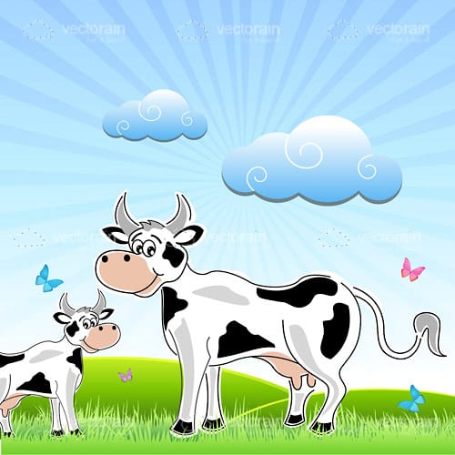 Happy Cow and Calf in a Green Field with Blue Skies